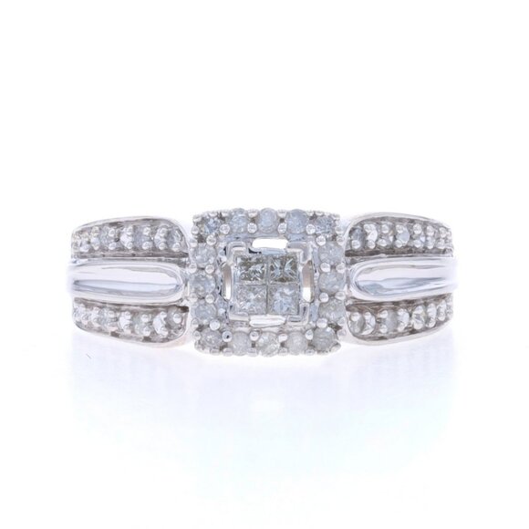 White Gold Diamond Cluster Halo Engagement Ring - 10k Single & Princess .25ctw